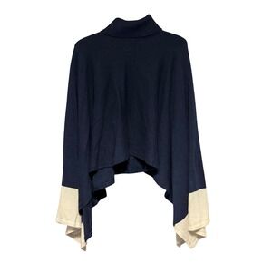 White House Black Market Navy Blue Beige Colorblock Turtleneck Poncho Sweater XS